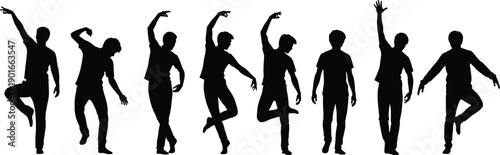 Collection of dancing men silhouettes isolated on white background, energetic male dance poses showing movement, balance, freedom, fitness, music lifestyle, and expressive human body language concepts