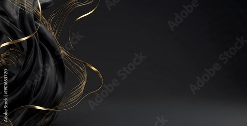 A sophisticated abstract background featuring luxurious black silk fabric elegantly draped with flowing golden ribbons and threads, perfect for upscale design.