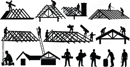 Construction worker silhouette set showing roof framing, carpentry labor, building structure assembly, teamwork on house construction, renovation process, and manual work activities