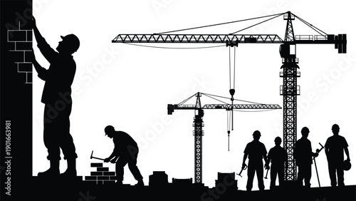 Construction worker silhouettes with tower cranes and building site activity, industrial labor team scene showing masonry, lifting equipment, and urban development