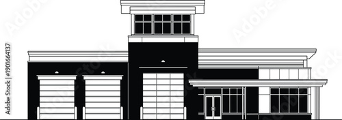 Modern fire station building illustration, black and white industrial architecture line art, emergency services facility with garage doors and office tower.