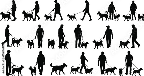 Dog walker silhouettes set with people walking dogs on leash, men in different poses with pets, isolated black vector collection for pet care, animal walking and urban lifestyle concepts