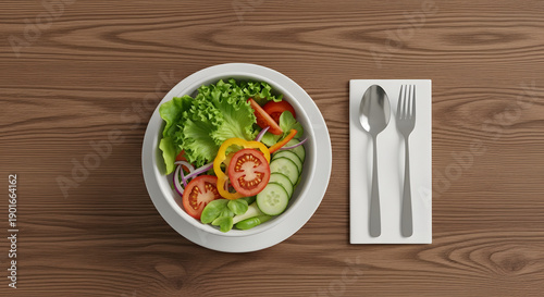 Fresh and Vibrant Garden Salad Ready for a Healthy Meal on a Rustic Wooden Tabletop with Cutlery Placed Neatly for a Wholesome Dining Experience