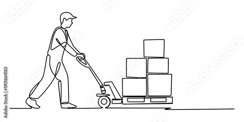 A continuous line drawing illustrating a warehouse worker pushing a pallet jack loaded with cardboard boxes. Vector, illustration