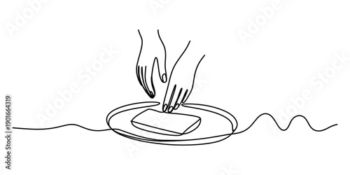 Line art illustration depicting a pair of hands interacting with a bar of soap on a small plate. Vector, illustration