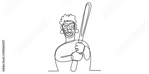 A person with a wide grin holds a baseball bat in a continuous line art drawing. Vector, illustration