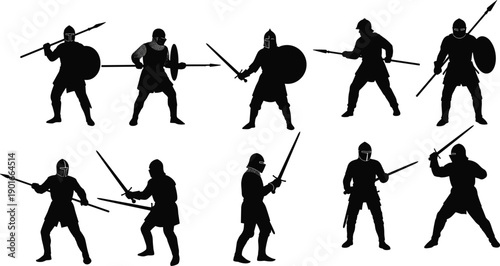 Set of black medieval knight silhouettes with swords spears and shields in battle poses isolated on white background for historical war design