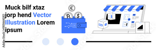 Open wallet with coins, digital store interface, storefront elements. Ideal for e-commerce, fintech, innovation, technology, retail, online services simple landing page