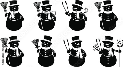 Set of black snowman silhouettes wearing top hats and scarves isolated on white background for winter holiday Christmas decorations and festive design