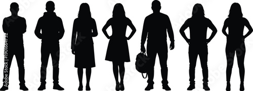 Group of human silhouettes showing men and women standing in confident poses, black vector people figures isolated on white background