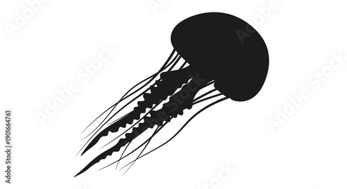 Black silhouette of a jellyfish swimming.