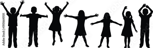 Happy children silhouettes standing and jumping with raised arms, playful kids group poses, joyful childhood activity scene, black human figures isolated on white background vector illustration