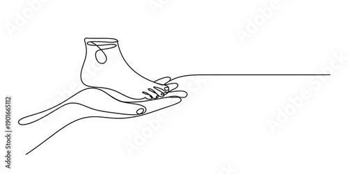 Continuous line drawing of a hand gently holding a foot, symbolizing care and support for foot health Vector, illustration