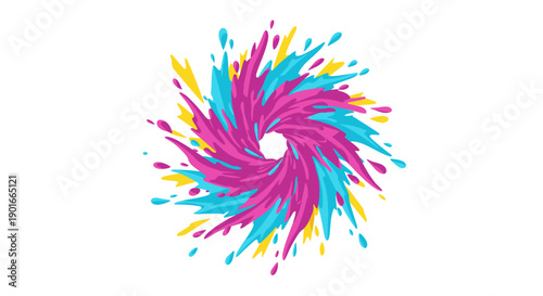 A vibrant and energetic abstract splash of pink, blue, and yellow paint bursts outwards in a captivating swirling vortex pattern, creating a dynamic visual.
