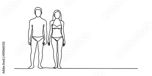 A simple continuous line art illustration showing a man and woman standing side-by-side Vector, illustration