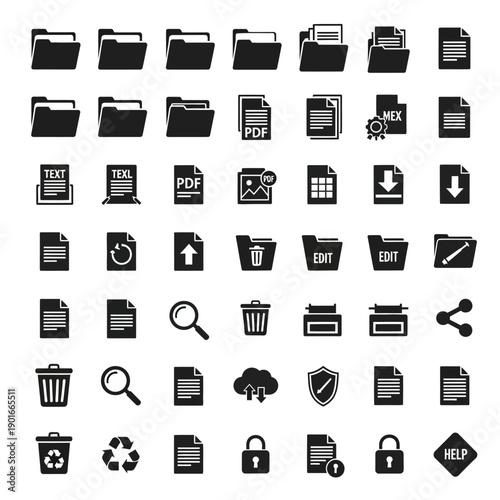 Black icons of computer files and documents.
