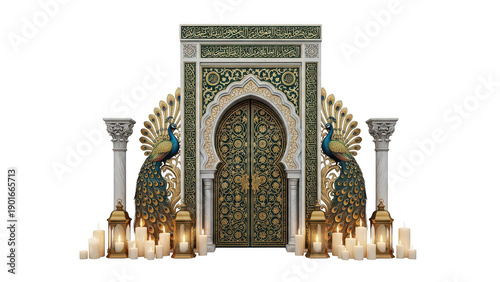 Stunning Islamic gate with intricate gold patterns, flanked by two peacocks, glowing lanterns and candles, luxurious and magical ambiance.