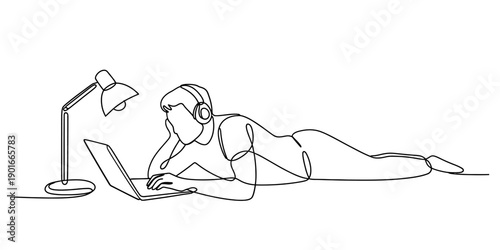 Minimalist one line art of a young man lying down working on a laptop with a desk lamp nearby. Vector, illustration