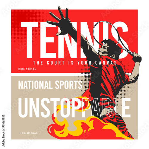 Athletic tennis player silhouette performing a powerful service on court. Bold national sports day poster with unstoppable motivation theme for tennis championship and high-intensity training. Sports