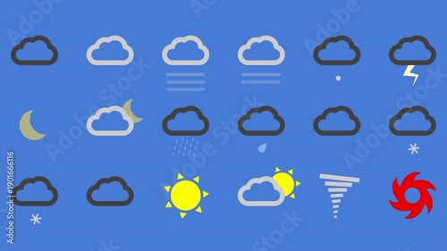 weather map symbols, animated loops, sun, moon, cloud, rain, graphic symbol icon construction kit, blue then black background