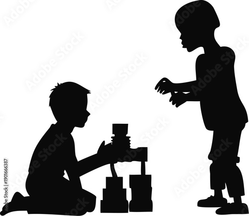 Silhouette Of A Boy Building A Robot With Blocks