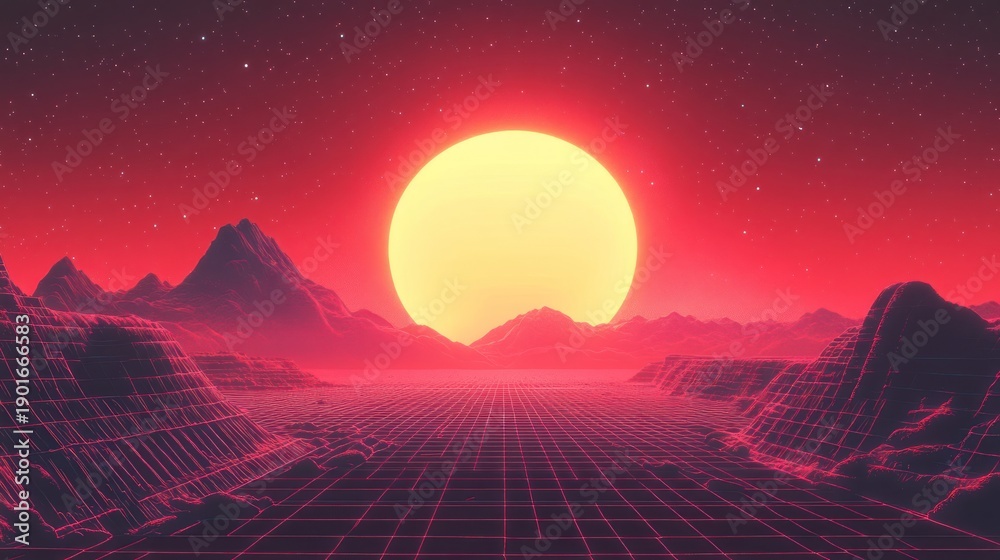 custom made wallpaper toronto digitalFuturistic Landscape with Red Sunset and Mountains.