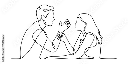 Continuous line drawing of a man and a woman having an intense conversation or argument at a table. isolated on white background, Vector, illustration