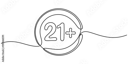 Minimalist continuous line drawing of twenty one plus age restriction icon symbol. Vector, illustration