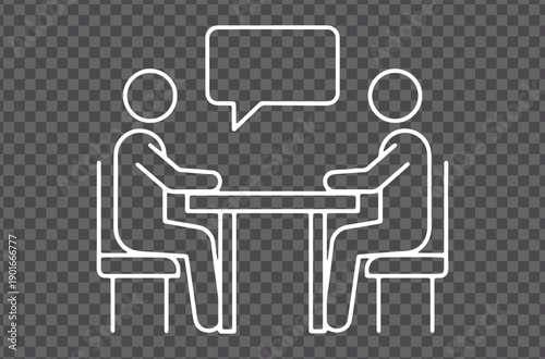A white outline icon of two people sitting at a table having a conversation on a transparent background.