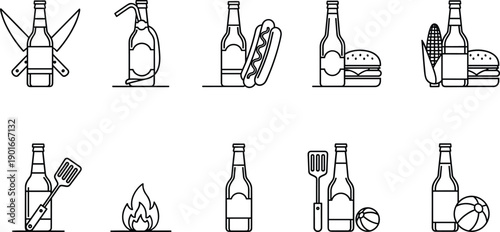 BBQ beer icons set, summer grilling symbols, bottle and food illustrations, barbecue party elements, picnic drinks, outdoor cooking line art