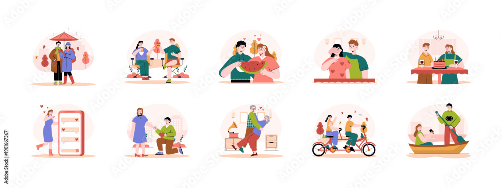 Naklejka premium Set of 10 romantic illustrations packs. Flat vector concepts.