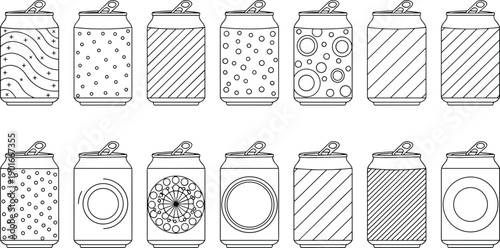 Black and white beverage can pattern collection illustration, soda drink aluminum packaging designs, minimal line art vector set