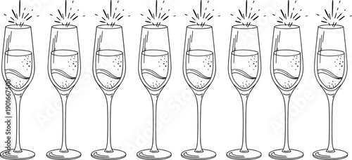 Black and white champagne glasses illustration set, sparkling wine flutes celebration toast bubbles elegant drink line art vector