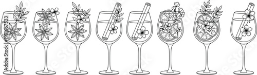 Black and white cocktail glasses collection illustration, wine goblets with flowers citrus straws, elegant drink line art vector set