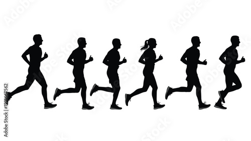 Line of Running People Silhouettes, Men and Woman Jogging Together, Fitness and Healthy Lifestyle, Marathon Race Training, Sports Background