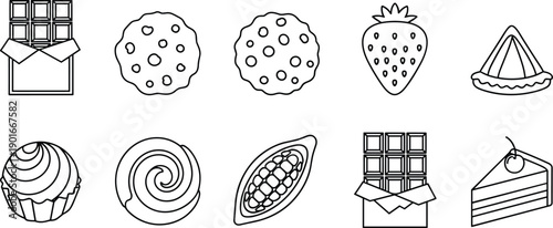 Black and white dessert and sweet food icons set illustration, chocolate cookies cake strawberry pastry line art vector