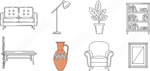 Black and white home interior furniture icons illustration, sofa lamp plant bookshelf table chair decor line art vector set