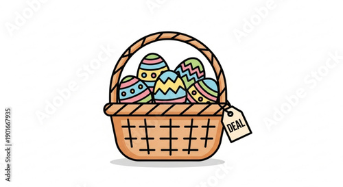 Colorful easter eggs in a wicker basket with a gift tag on a white background