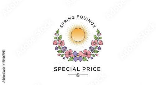 Spring equinox special price logo with sun and floral wreath design