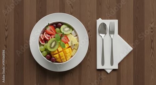A vibrant and healthy fruit salad served in a white bowl on a rustic wooden table, accompanied by cutlery on a napkin