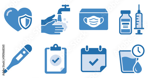 Set of healthcare and hygiene icons including heart protection, hand washing, first aid kit, sanitizer bottle, thermometer, medical checklist, calendar, and water bottle