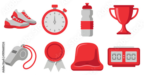 Set of sports and fitness icons including running shoes, stopwatch, water bottle, trophy, whistle, medal, stadium seat, and digital timer