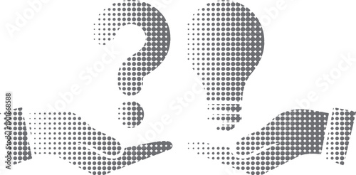 Halftone Hands Holding Question Mark and Lightbulb: Symbolizing Inquiry and Innovation