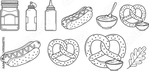 Condiment bottles, hot dog, pretzel, mustard bowl, ketchup jar, fast food line icons, street food outline illustration set