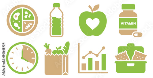 Set of healthy lifestyle and nutrition icons including balanced meal, water bottle, apple, supplements, clock, salad, growth chart, and grocery bag