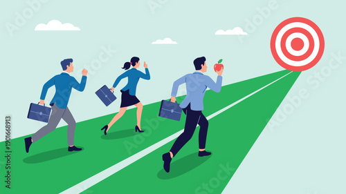 Three business professionals running towards a target on a green track with a red bullseye, symbolizing goal achievement and success in a competitive environment.