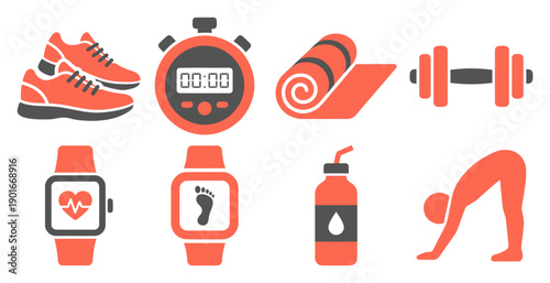 Set of fitness and workout icons including running shoes, stopwatch, yoga mat, water bottle, smartwatch, heart rate monitor, dumbbell, and stretching figure
