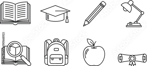 Education line icons set, school learning symbols collection, book graduation cap pencil backpack apple diploma outline vector illustration