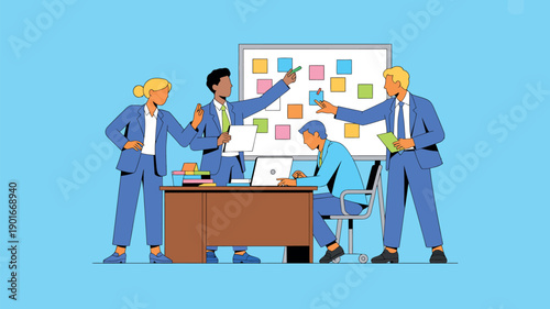 A diverse group of business professionals collaborating and brainstorming ideas in a modern office setting.