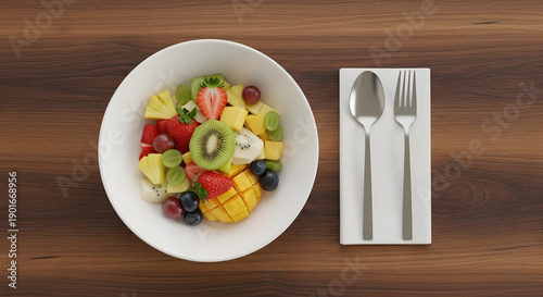 Vibrant fresh fruit salad bowl with strawberries, blueberries, kiwi, mango, and pineapple, perfect for a nutritious breakfast, healthy snack, or light dessert